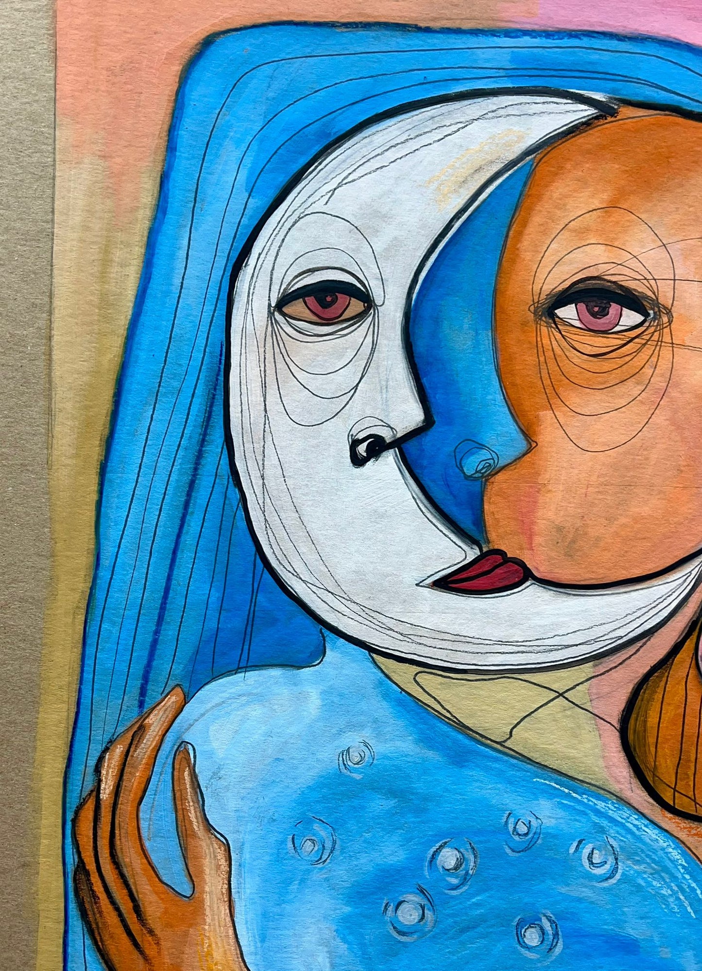 “Double Gaze” – Original Abstract Cubist Painting in Oil, Graphite & Pastel on Board (23”x33”)