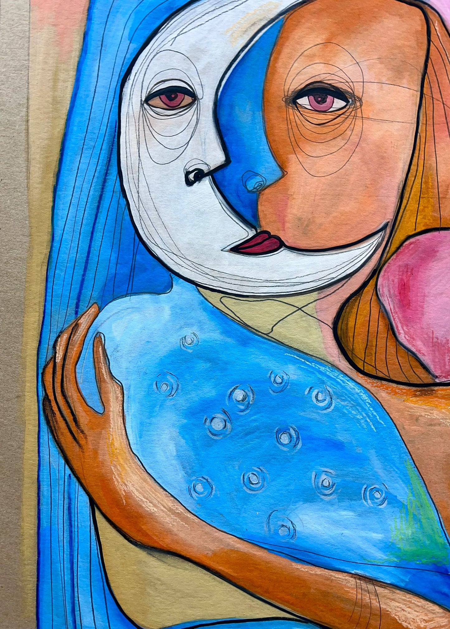 “Double Gaze” – Original Abstract Cubist Painting in Oil, Graphite & Pastel on Board (23”x33”)