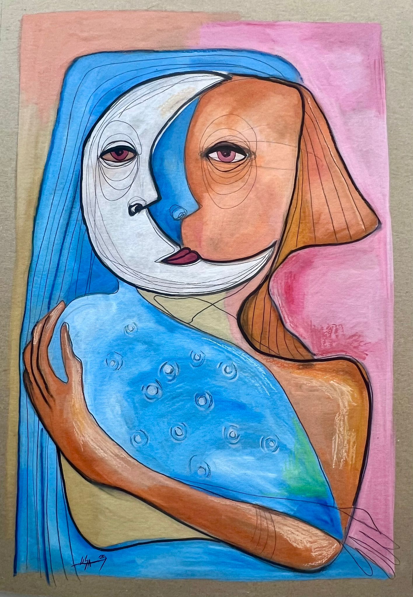 “Double Gaze” – Original Abstract Cubist Painting in Oil, Graphite & Pastel on Board (23”x33”)