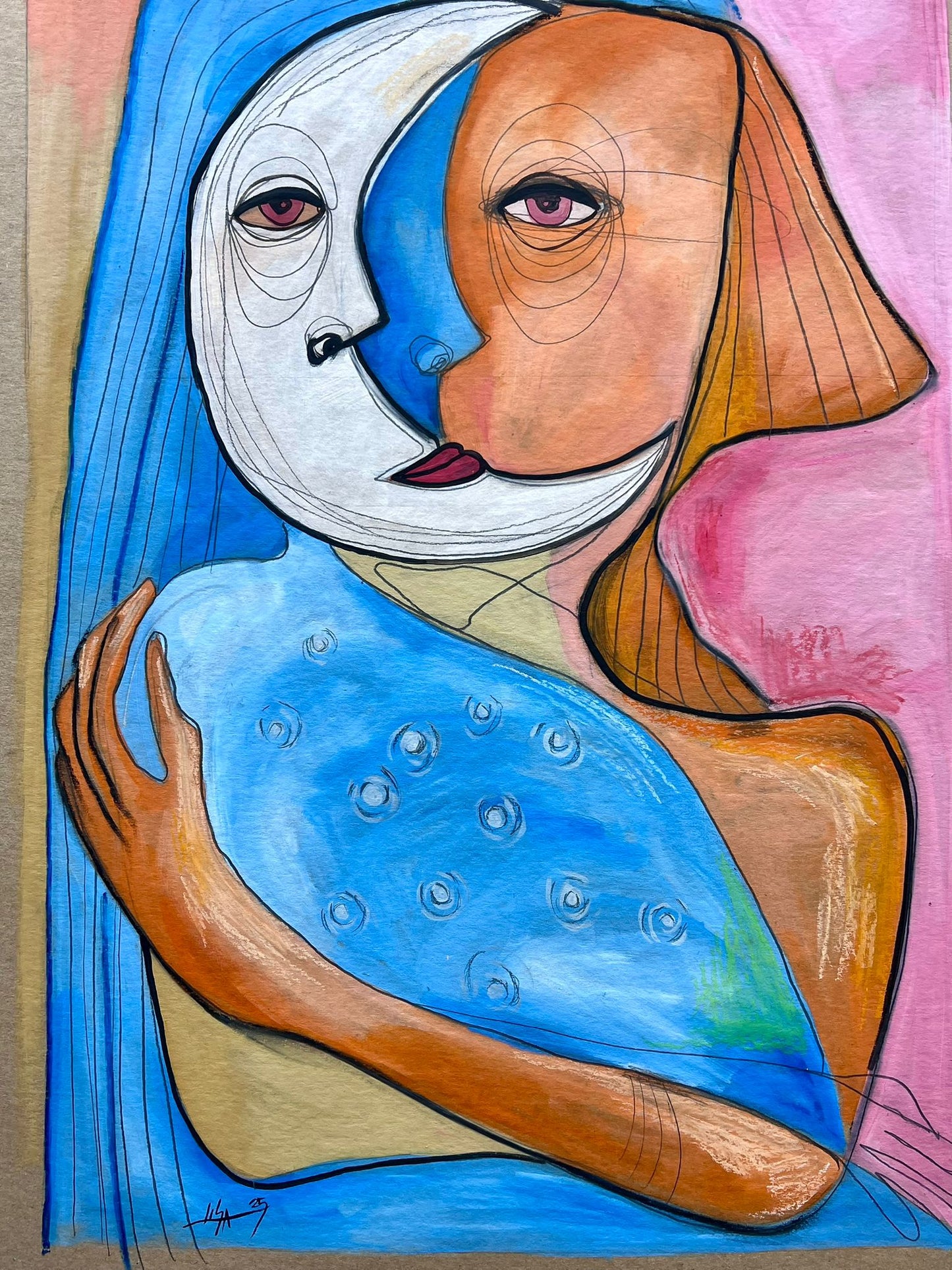 “Double Gaze” – Original Abstract Cubist Painting in Oil, Graphite & Pastel on Board (23”x33”)