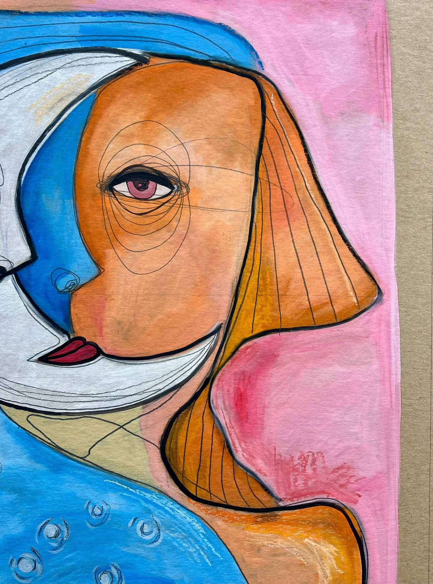 “Double Gaze” – Original Abstract Cubist Painting in Oil, Graphite & Pastel on Board (23”x33”)