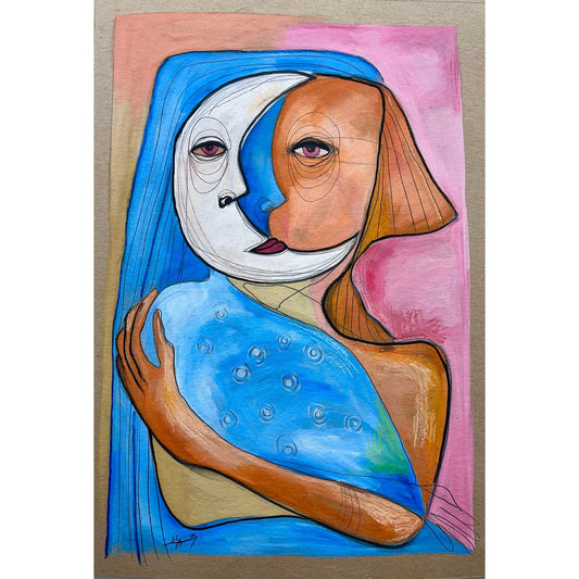 “Double Gaze” – Original Abstract Cubist Painting in Oil, Graphite & Pastel on Board (23”x33”)