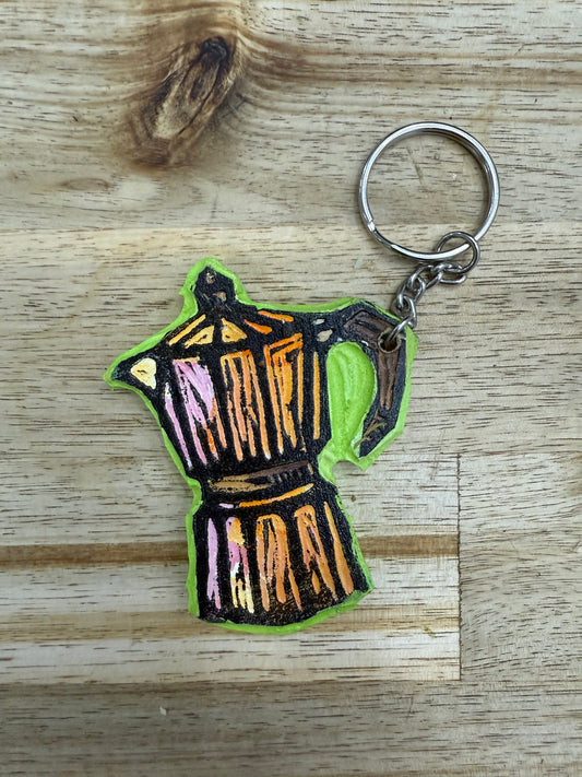🔹 Hand-Painted Wooden Keychain – Moka Coffee Pot | Signed by Lisa | Limited Edition 🔹