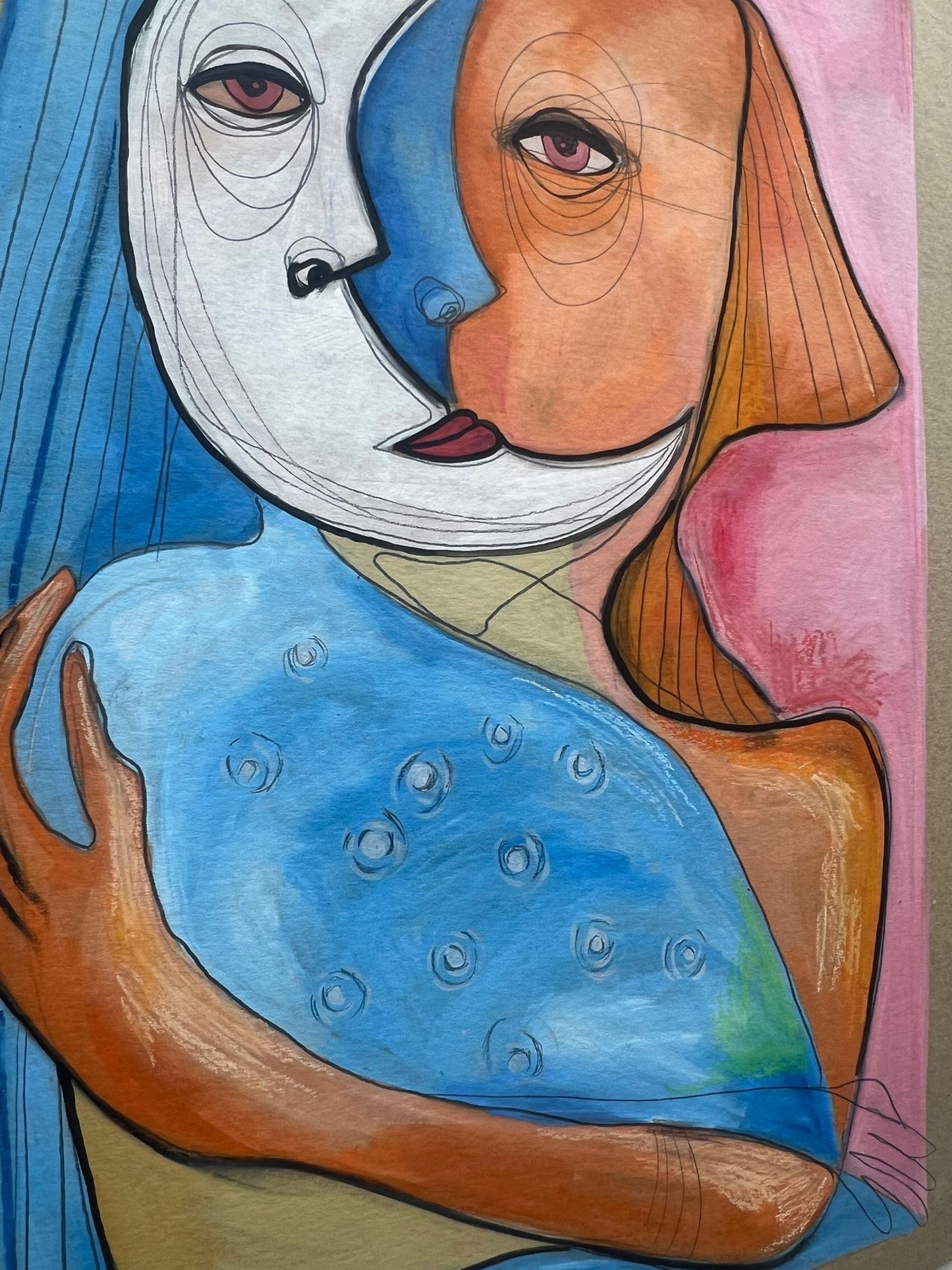 “Double Gaze” – Original Abstract Cubist Painting in Oil, Graphite & Pastel on Board (23”x33”)