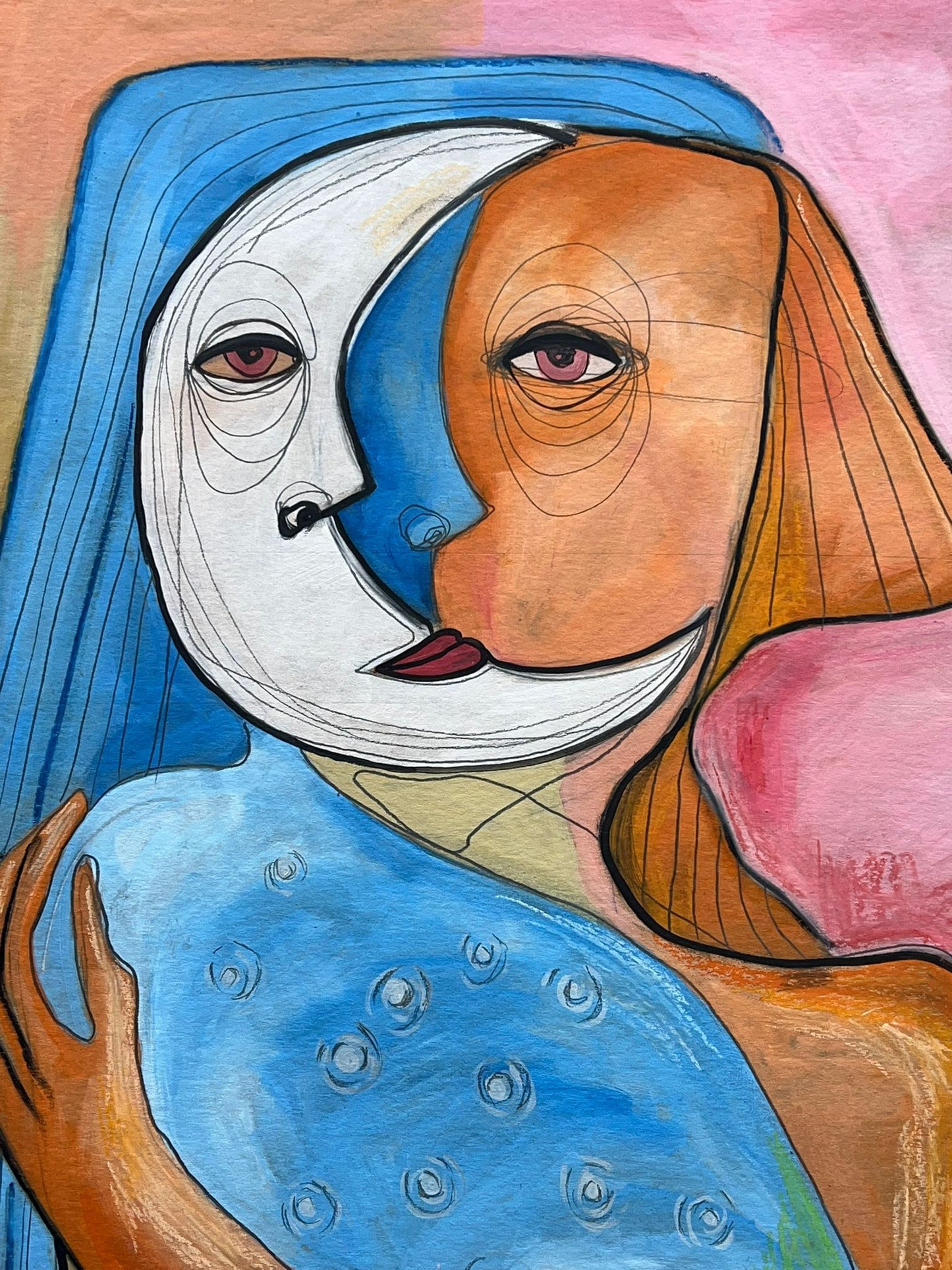 “Double Gaze” – Original Abstract Cubist Painting in Oil, Graphite & Pastel on Board (23”x33”)