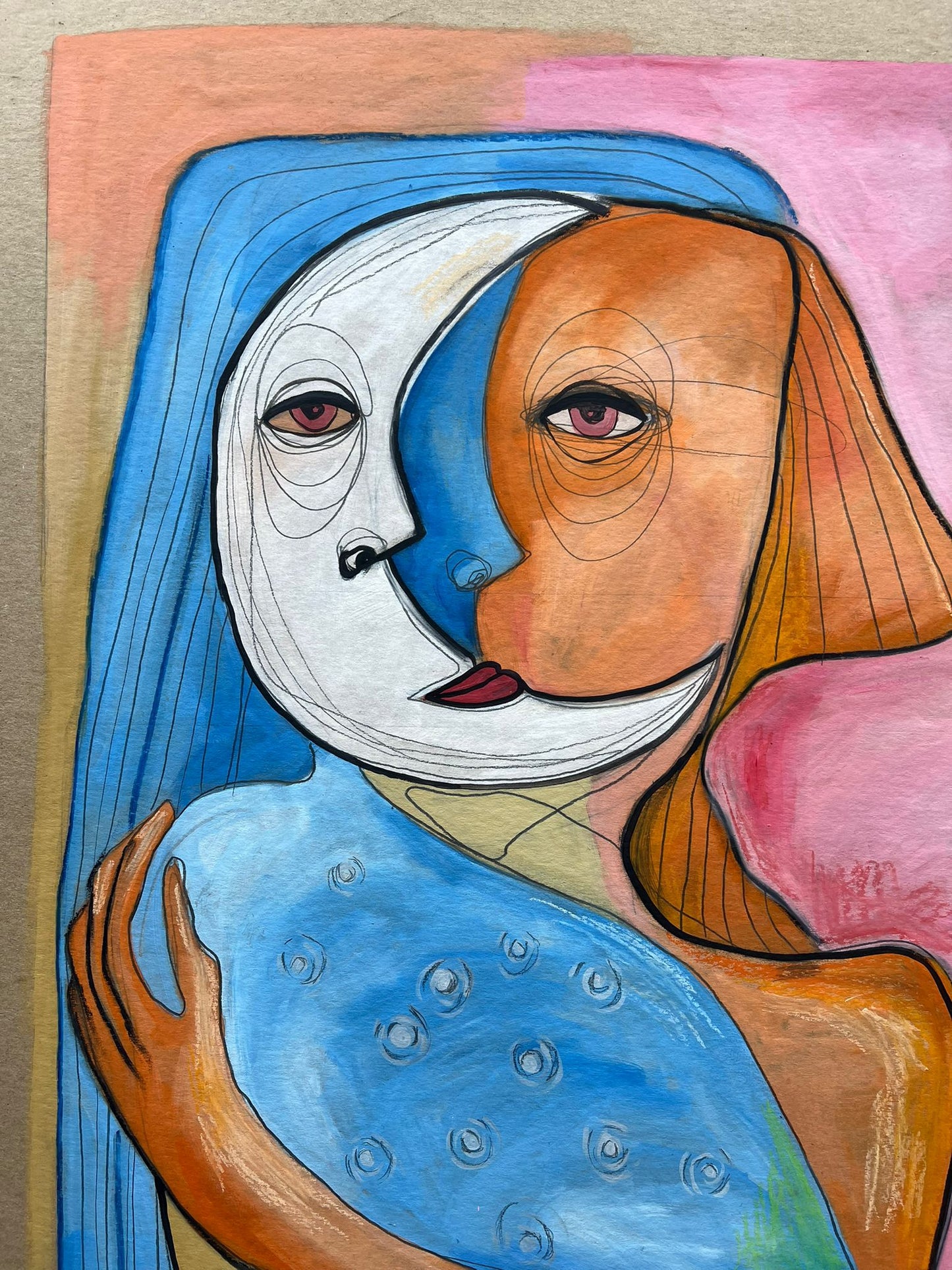 “Double Gaze” – Original Abstract Cubist Painting in Oil, Graphite & Pastel on Board (23”x33”)