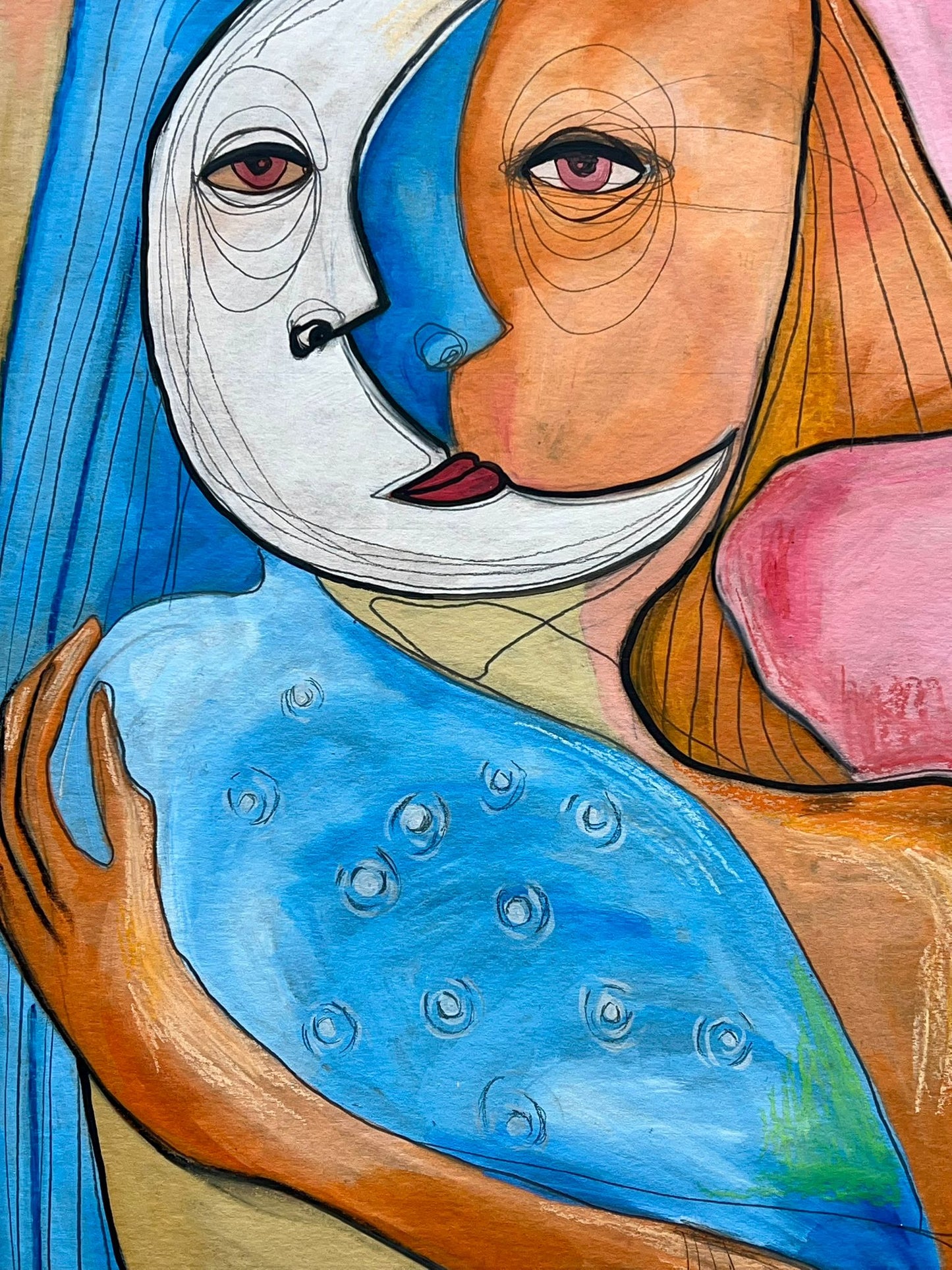 “Double Gaze” – Original Abstract Cubist Painting in Oil, Graphite & Pastel on Board (23”x33”)