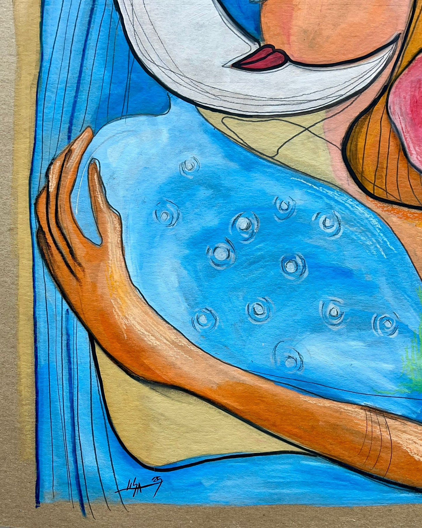 “Double Gaze” – Original Abstract Cubist Painting in Oil, Graphite & Pastel on Board (23”x33”)