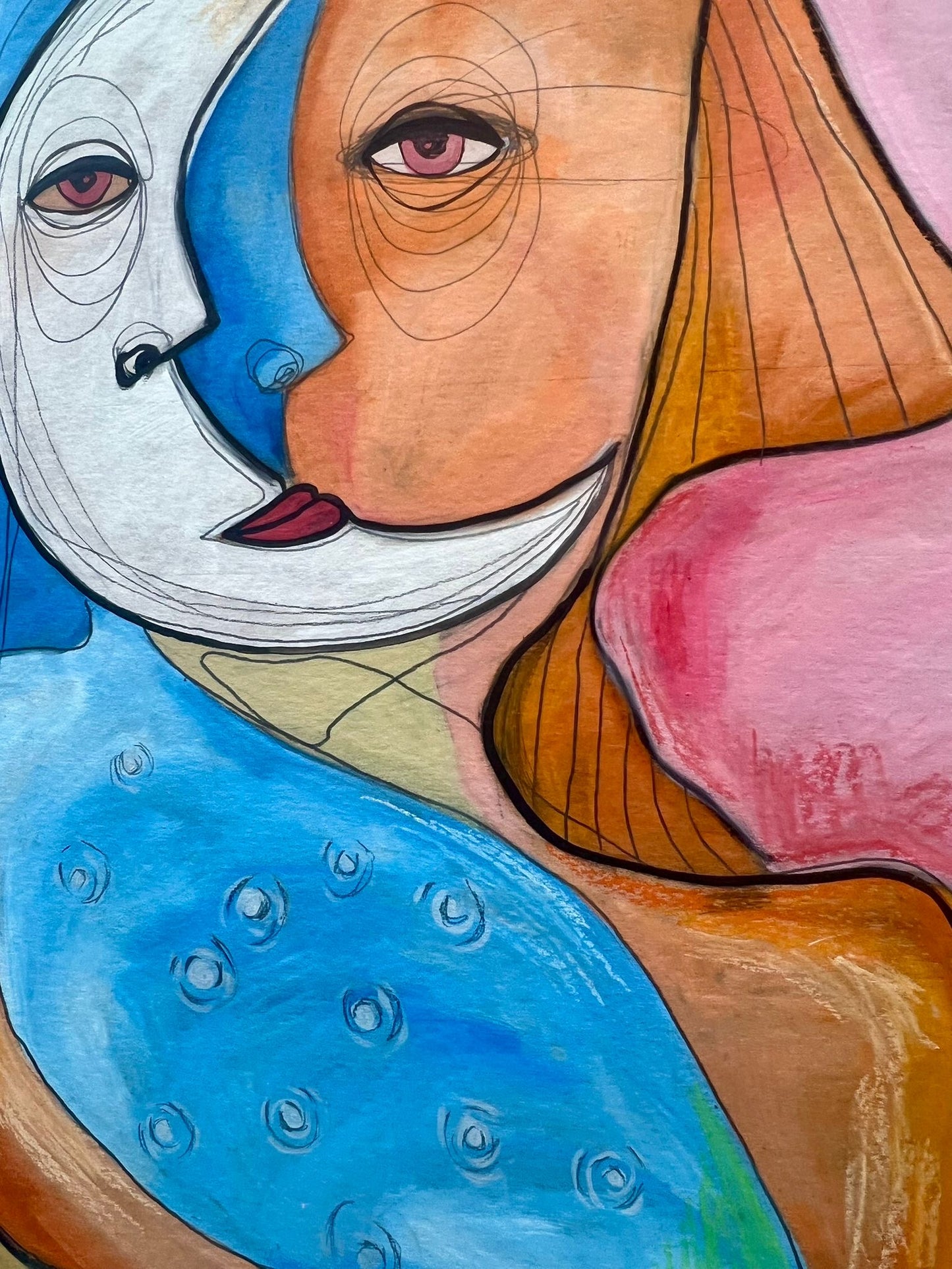 “Double Gaze” – Original Abstract Cubist Painting in Oil, Graphite & Pastel on Board (23”x33”)