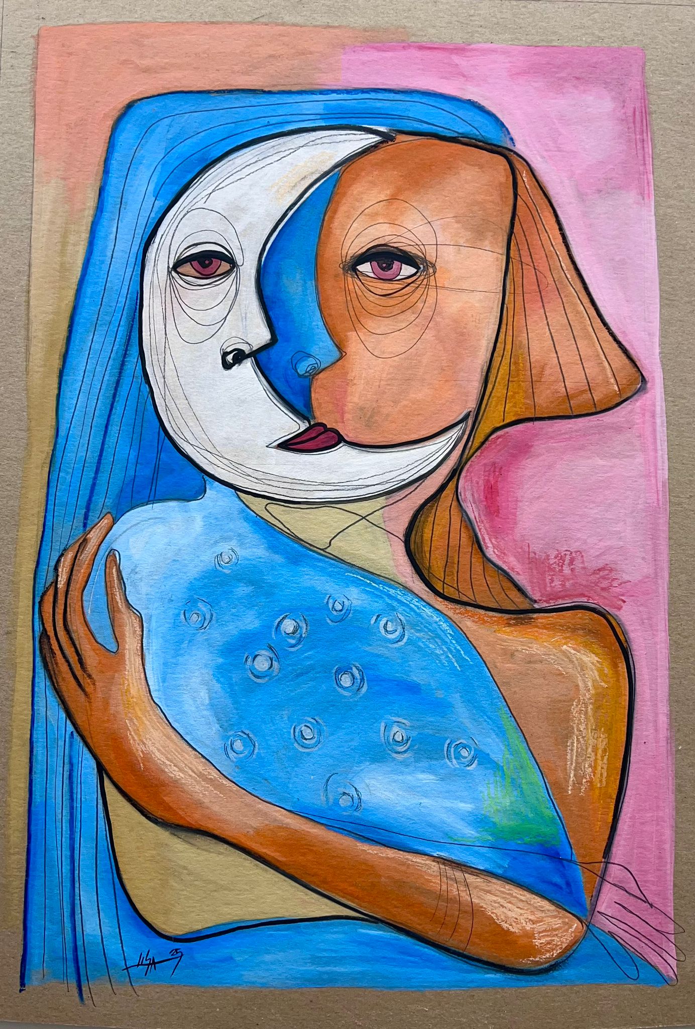 “Double Gaze” – Original Abstract Cubist Painting in Oil, Graphite & Pastel on Board (23”x33”)